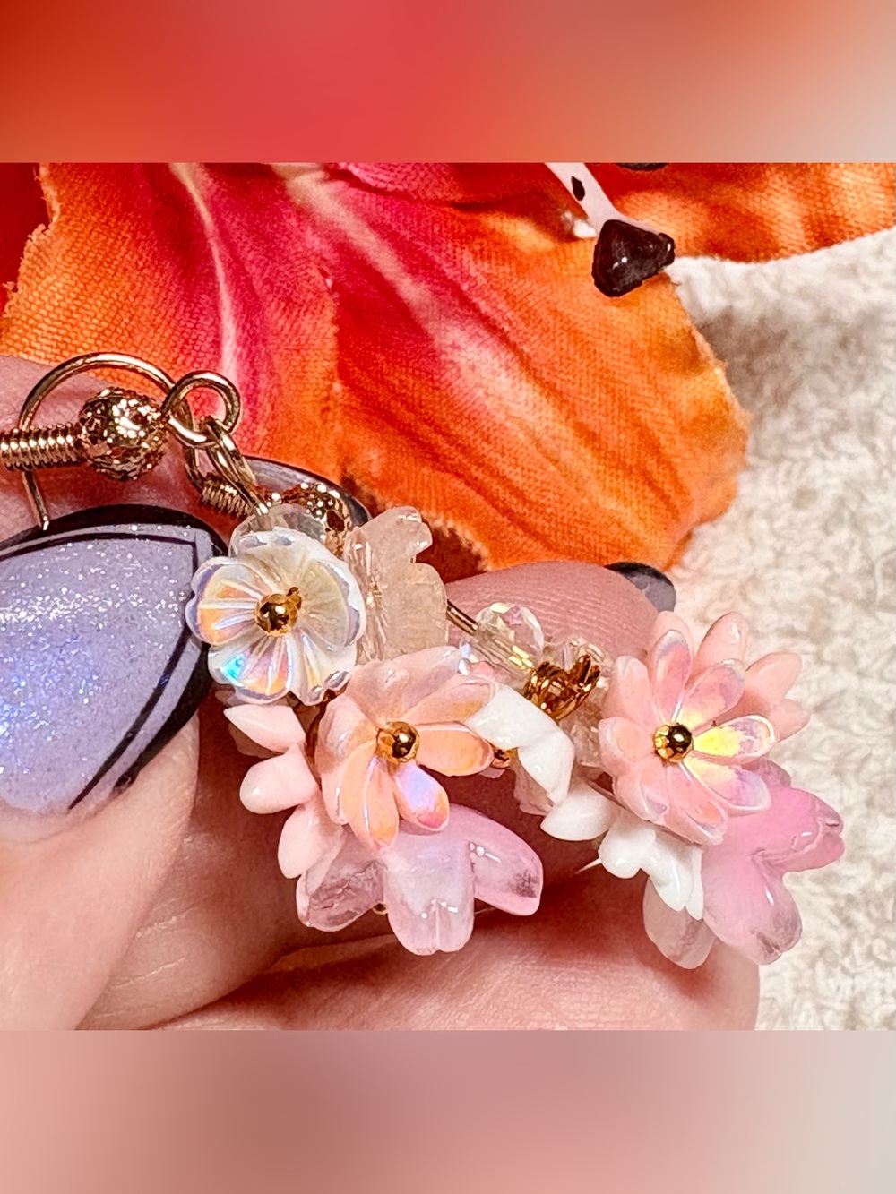 Pink Floral Cluster Dangle Earrings - Gold Accents